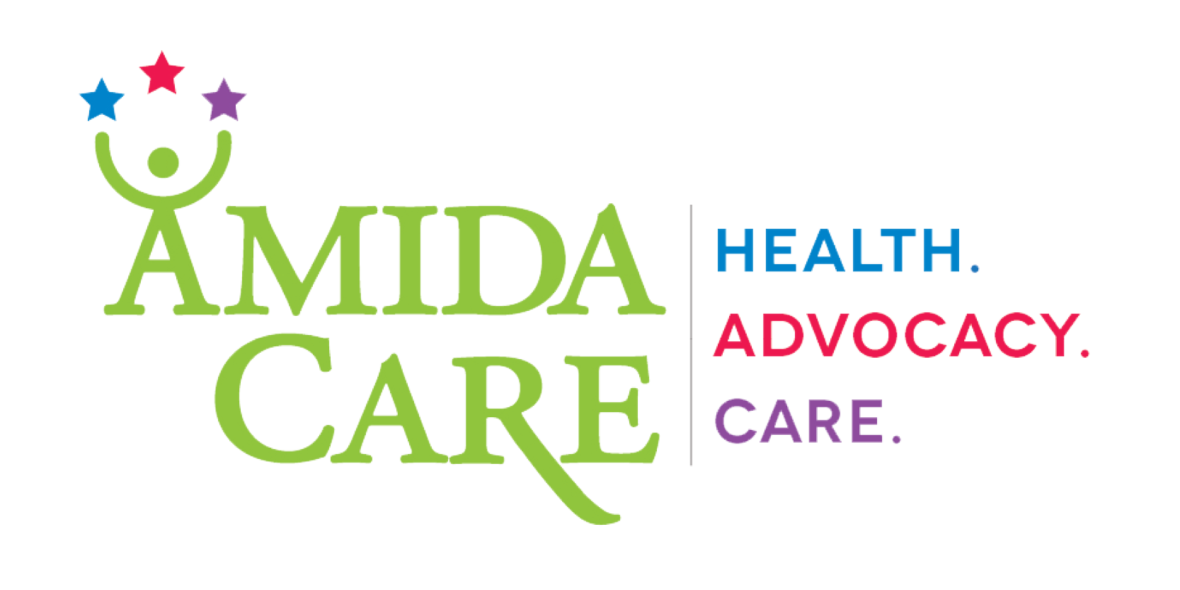 Amida Care logo. Light green text reading Amida Care with the first "A" shaped like a person. Smaller text to the left reads "Health. Advocacy. Care."