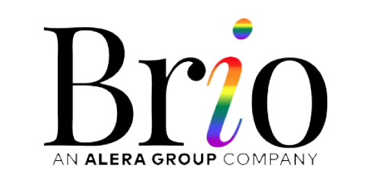 Brio Benefits Logo. Black serif text reading "Brio" with a rainbow letter "i". Smaller black text undearneath reads "An Alera Group Company"