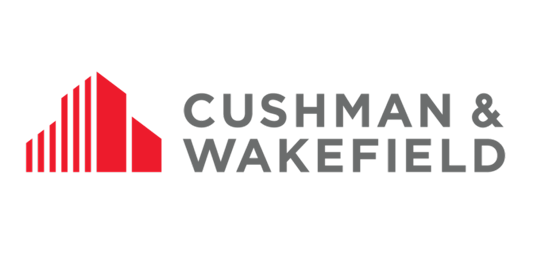 Cushman & Wakefield Logo. Three minimalist red buildings on the left with sans serif, dark gray text on the right reading "Cushman * Wakefield"